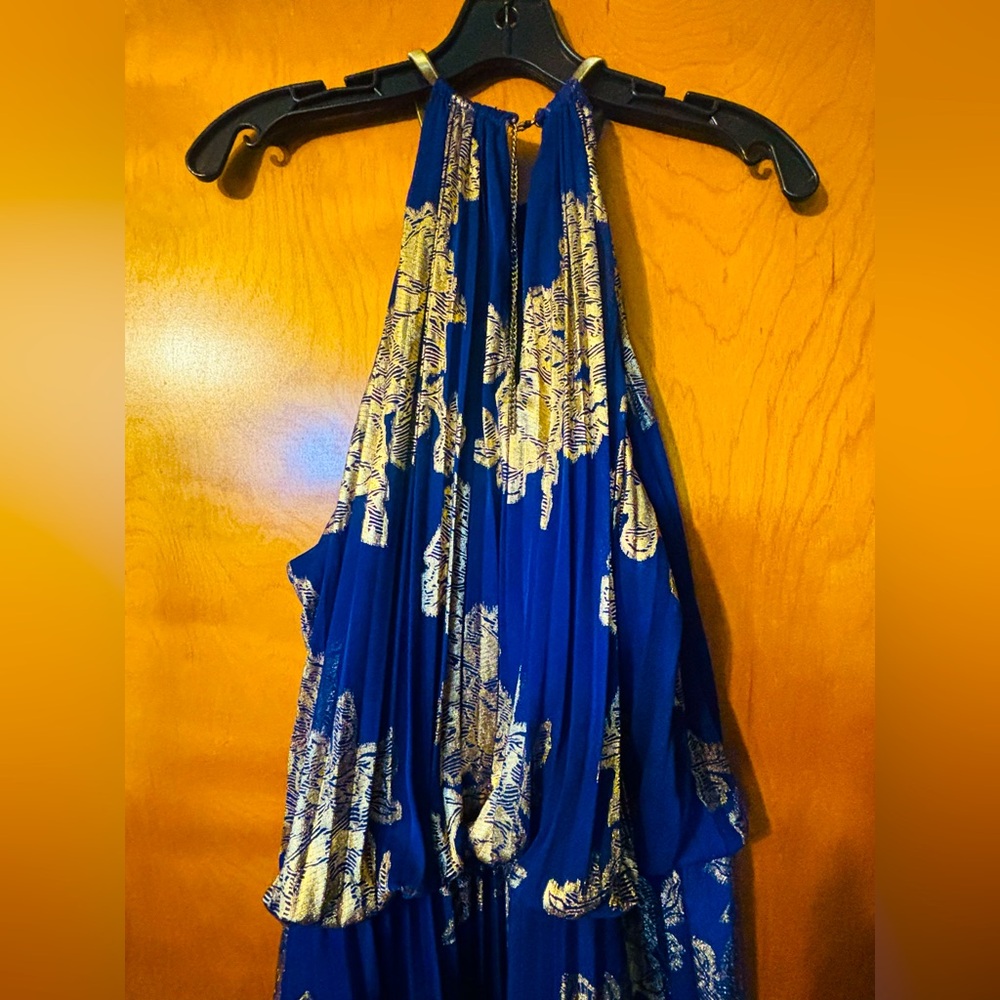 MSK, Royal Blue Chiffon, Pleated, Gold Fold, Maxi Dress!